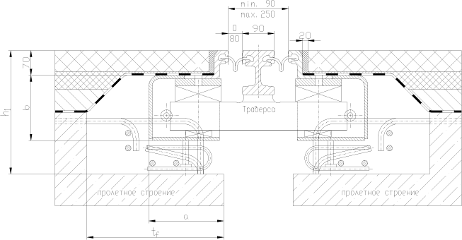 Сечение деформационного шва в месте траверсы на проезжей части